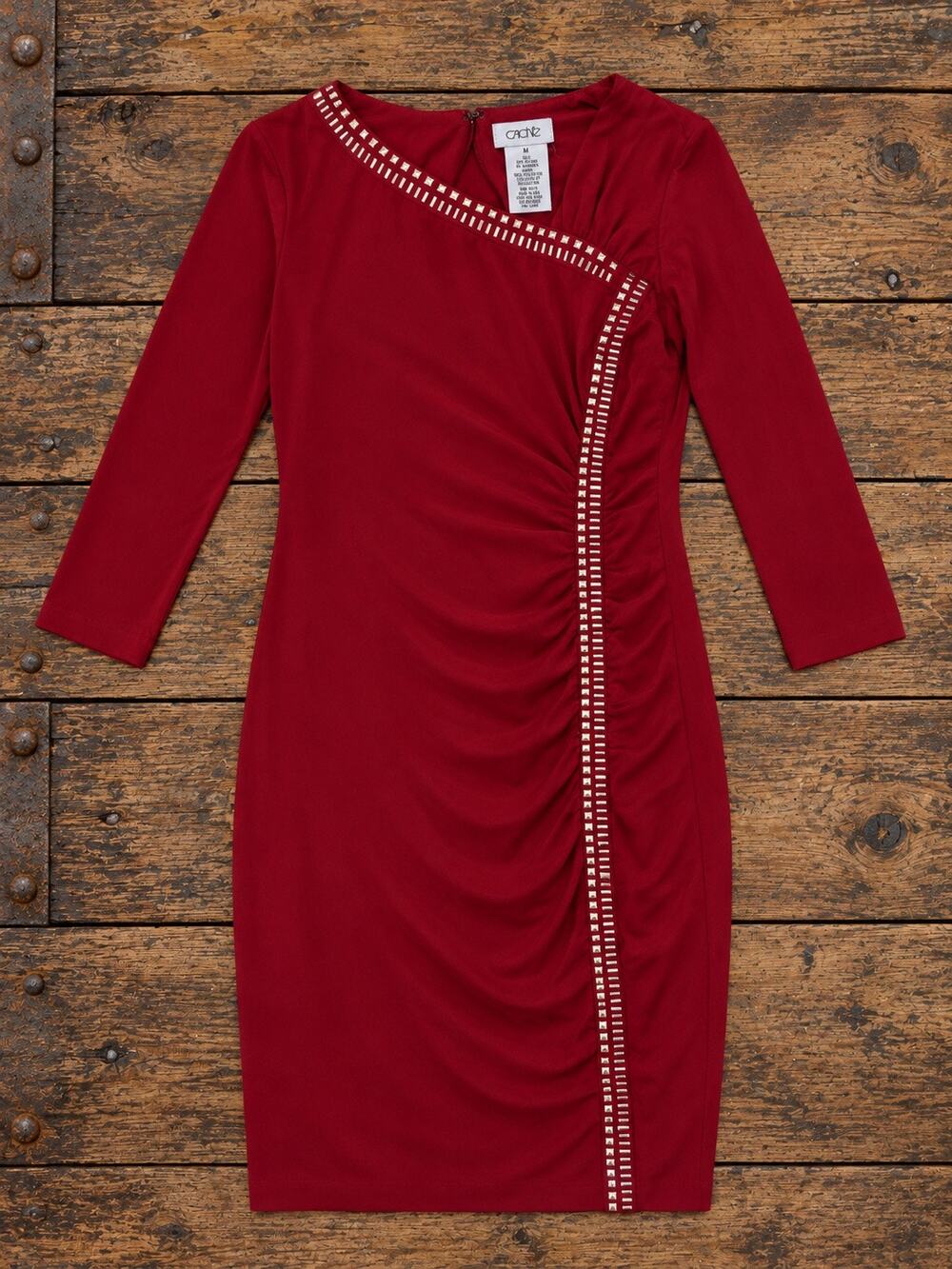 Cache Women’s Medium Burgundy Red Studded Ruched Bodycon Dress Made in USA
